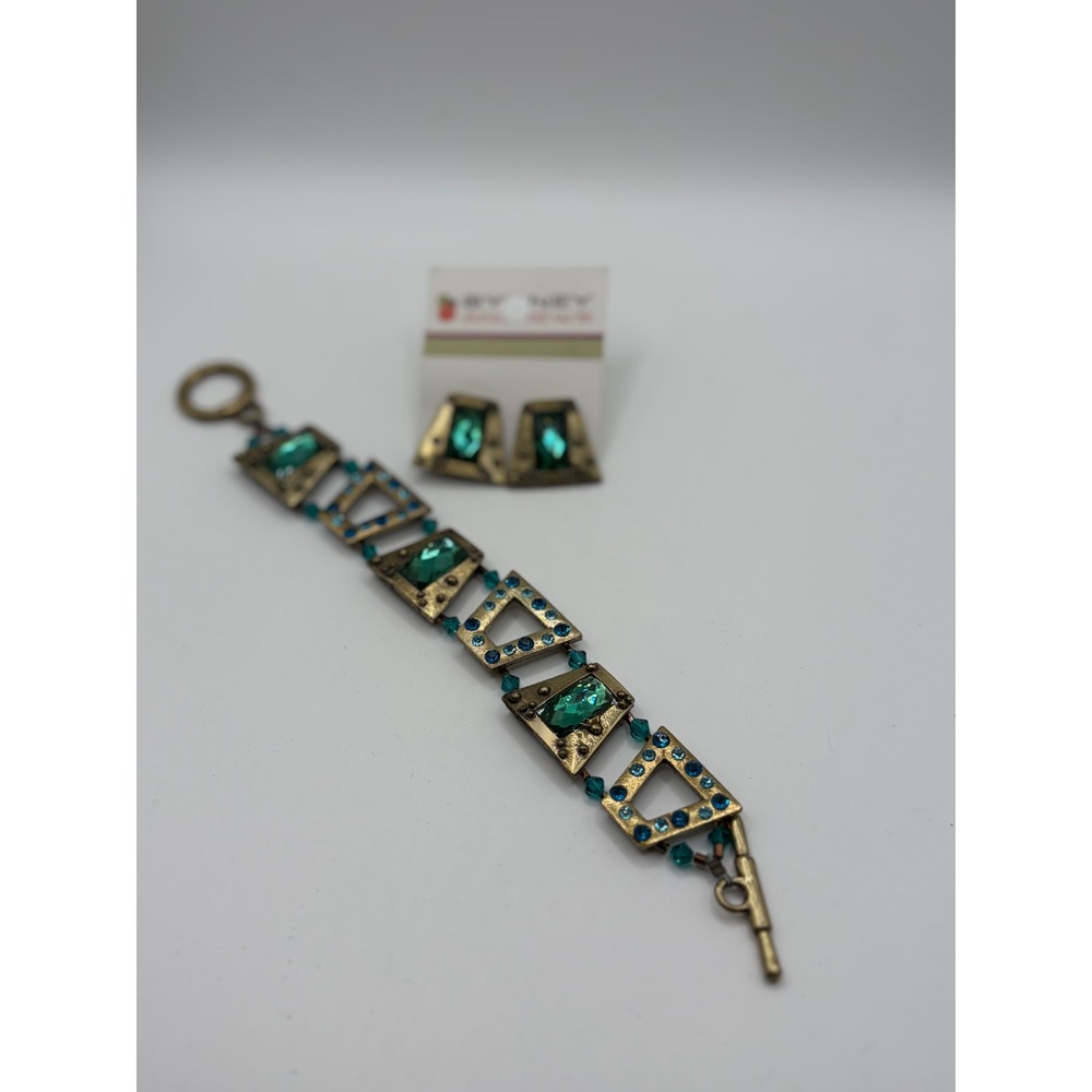 Sydney Andrews Green Crystal Brass Tone Geometric Bracelet and Earring Set